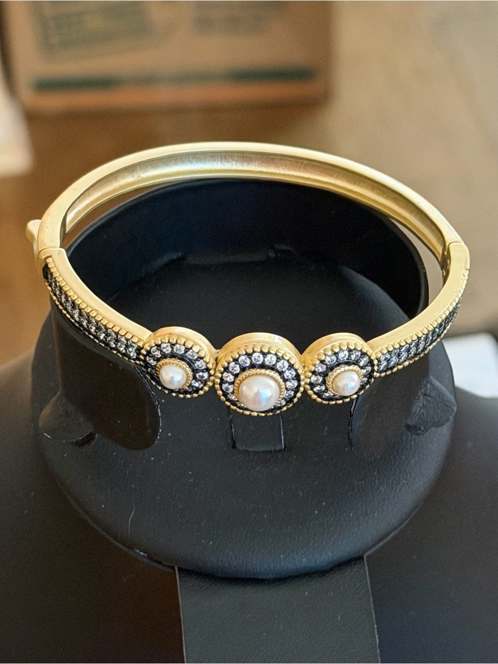 Gold Pearl & Crystal Accent Hinged Bangle Bracelet - Picture 1 of 1